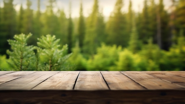 Retraite dans la nature sereine Gros plan d'une table en bois avec toile de fond de forêt enchanteresse AI générative