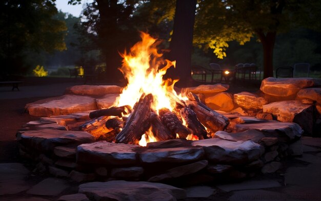 Retraite éclairée par le feu Vie en plein air avec foyers Générative AI