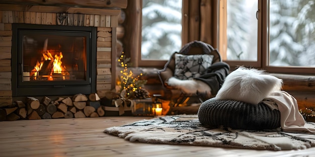 Une retraite d'hiver paisible avec un feu craquant et un décor charmant Concept Retraite d'hivers confortable cheminée Décor charmant Atmosphère paisible