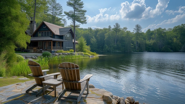 Photo une retraite paisible au bord du lac où les familles se détendent au bord de l'eau et profitent de vacances tranquilles