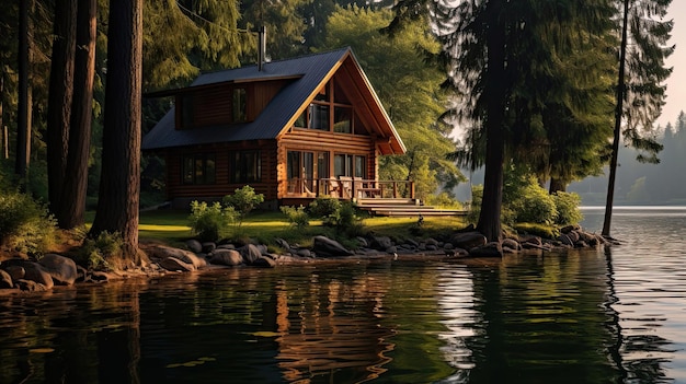 Une retraite sereine au bord du lac encadrée de majestueux pins Une cabane paisible au bord de l'eau De hauts pins Un refuge forestier isolé Généré par l'IA