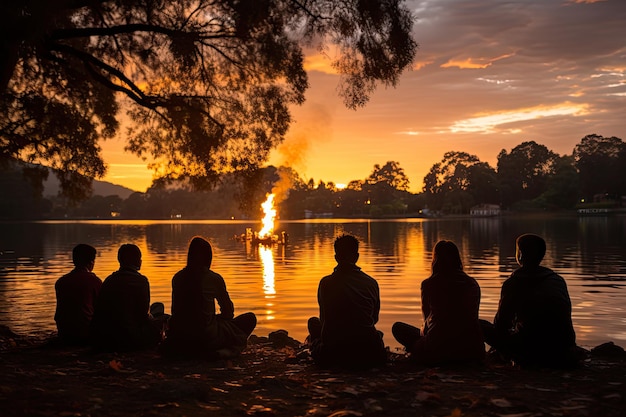 Retraite spirituelle au bord du lac méditation sous le coucher du soleil IA générative