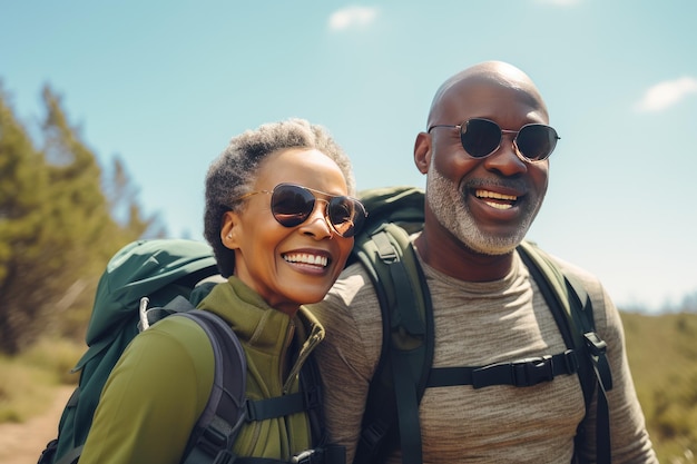 Des retraités afro-américains souriants en lunettes avec des sacs à dos voyagent Un style de vie actif dans la vieillesse