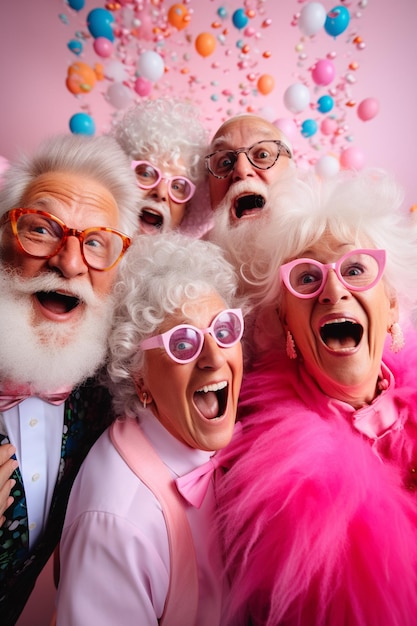 Des retraités drôles d'une fête lors d'un événement spécial Des personnes âgées célébrant le concept de vie AI générative