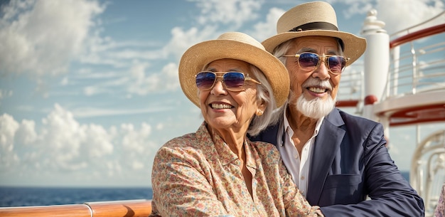 Des retraités heureux se relaxant sur un bateau de croisière.