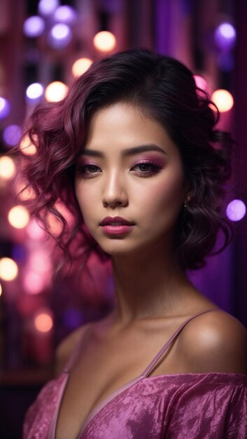 Photo retrato hd femme coréenne studio luces suaves maquillage rosa y morado