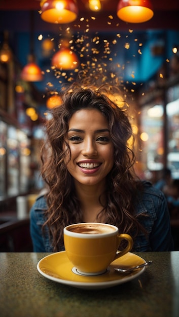 Photo retrato hermosa mujer latinoamericana disfrutando un cafe (rétrait d'une femme latino-américaine qui profite d'un café)