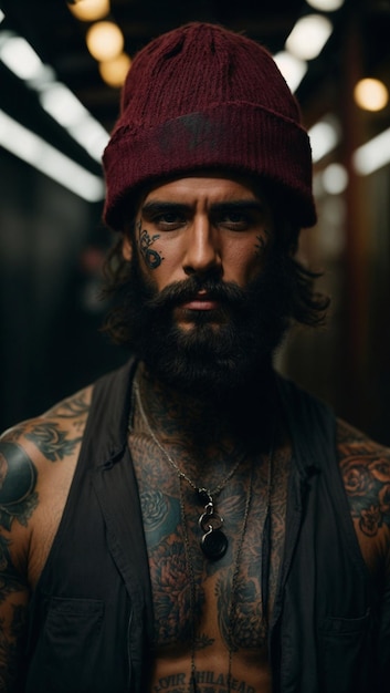 Photo retrato d'un homme barbudo et tatuado dans un entreprise industrielle avec une expression seria pero serena