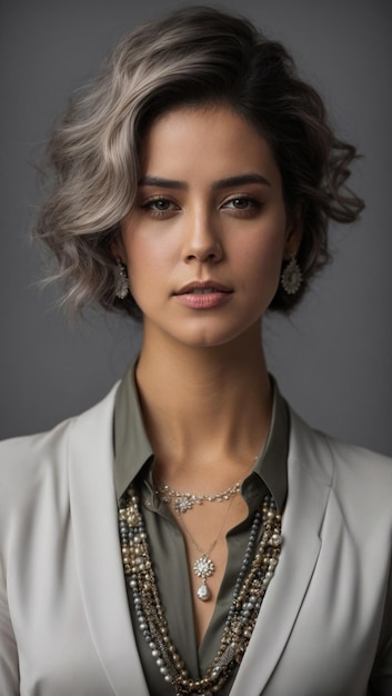 Photo retrato de mujer de negocios en traje gris y blusa blanca