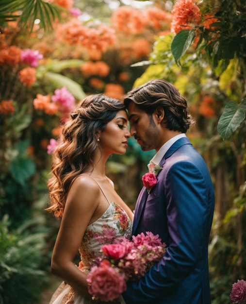 Retrato de pareja recien casada rodeada de la naturaleza en un jardin