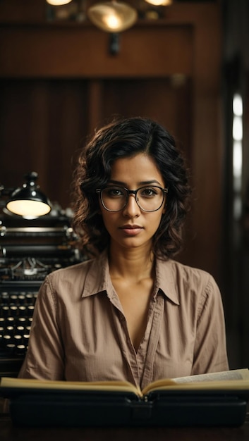 Photo retrato realista de mujer de oriente medio escritora con gafas sosteniendo manuscrito (rétrait réaliste d'une femme du moyen-orient écrit avec gafas)