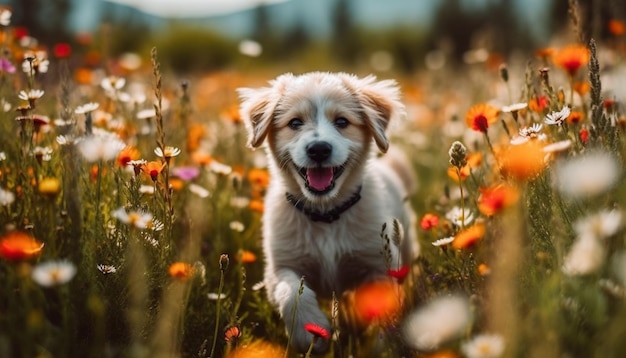 Retriever souriant assis dans un pré de fleurs généré par l'IA