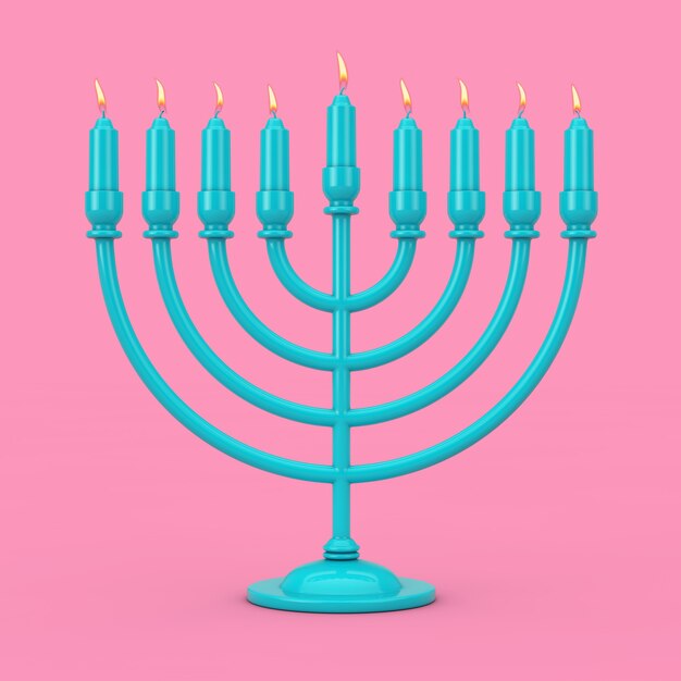 Retro Blue Hanukkah Menorah avec des bougies allumées Duotone sur fond rose. Rendu 3D