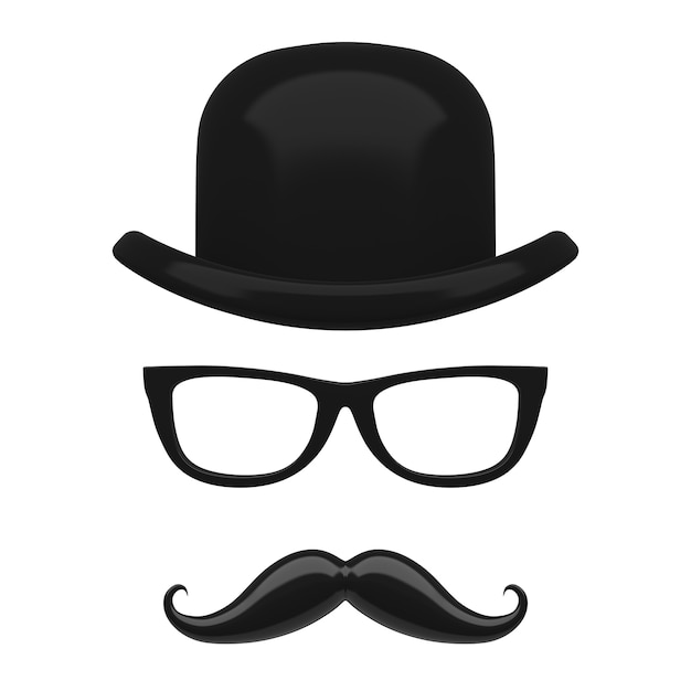 Retro Italie Bowler, moustaches et lunettes icône sur fond blanc. Rendu 3D