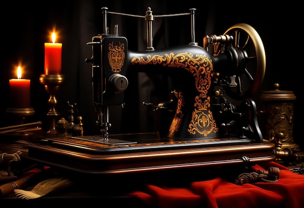 Photo retro manual sewing machine antique black and gold with pattern on it still life