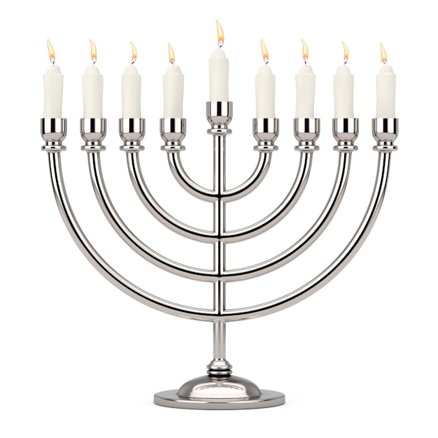 Retro Silver Hanukkah Menorah avec des bougies allumées sur un fond blanc. Rendu 3D