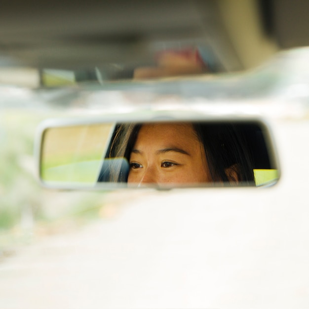 Photo rétroviseur avec reflet des yeux de femme