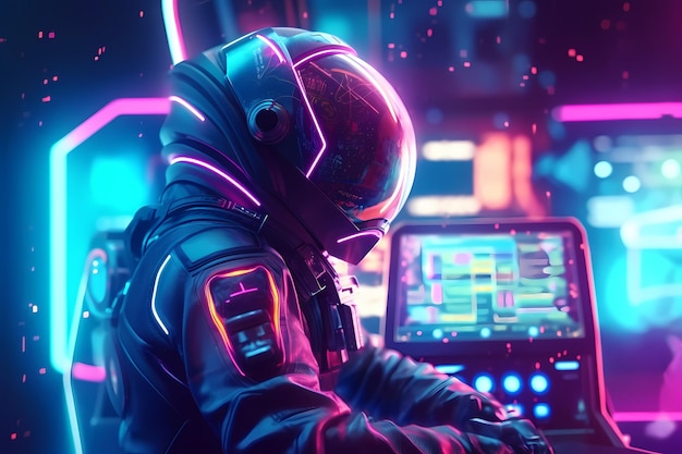 Retrowave Neon illustration of male wearing space suit figure l'accès à la borne virtuelle Alien data interface explorer astronaute Generative Ai