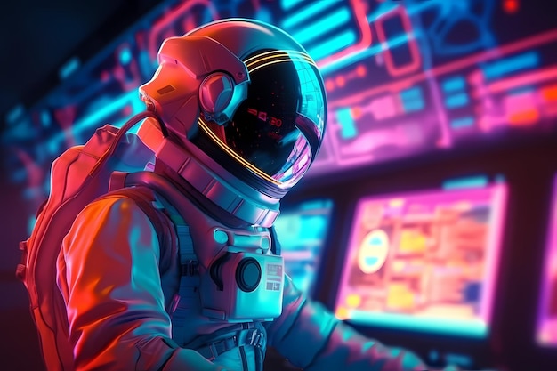 Retrowave Neon illustration of male wearing space suit figure l'accès à la borne virtuelle Alien data interface explorer astronaute Generative Ai