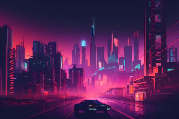 Retrowave ou synthwave affiche de style papier peint fond nuit grille affiche générative ai