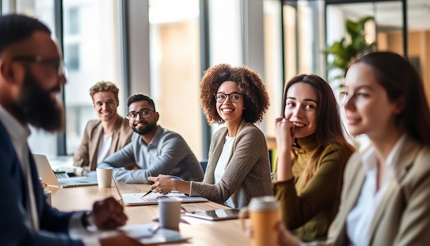 Photo réunion d'affaires ciblée et diversifiée bien éclairée dans un bureau lumineux