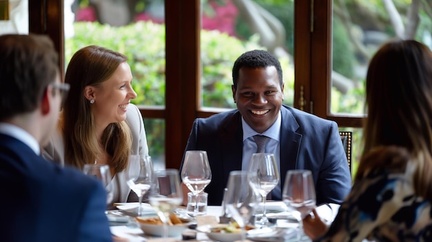 Photo réunion d'affaires avec des collègues et des clients dans un restaurant dans un cadre informel amis