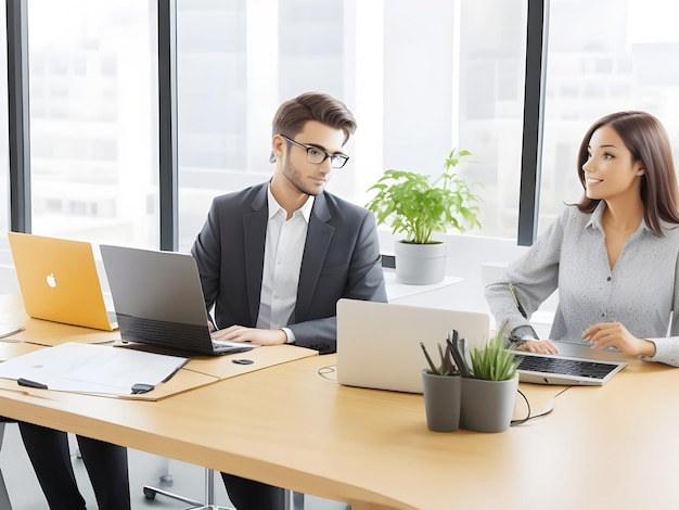 Réunion d'affaires Jeune homme et femme travaillant sur un ordinateur portable dans une salle de bureau AI Generate