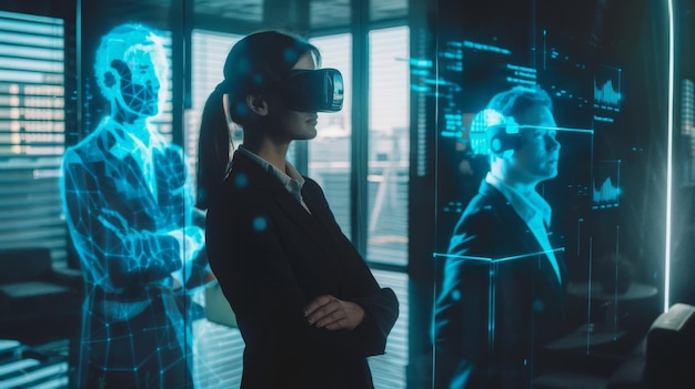 Photo une réunion d'affaires virtuelle avec une directrice debout à côté de deux avatars de collègues ainsi qu'un hologramme d'un autre expert concept de méta-univers 3d futuriste