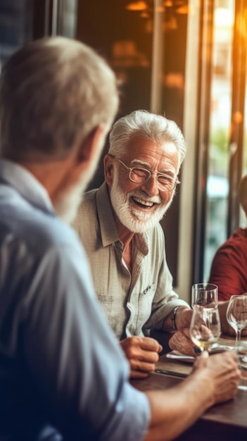 Réunion autour d'un verre et d'histoires Des hommes âgés au cœur plein de bonheur se réunissent dans un café confortable