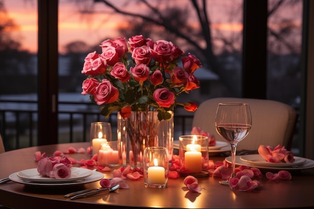 Une réunion douce pour deux table servie avec des roses et des bougies pour la Saint-Valentin