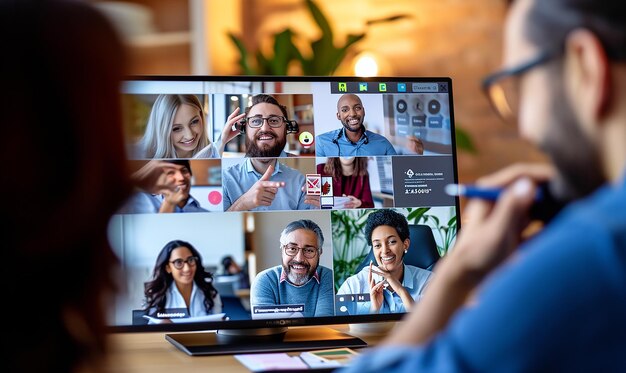 Photo réunion d'équipe virtuelle avec des collègues de différents endroits