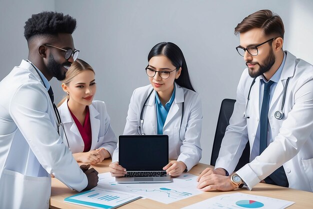 Photo réunion médicale et ordinateur portable pour l'équipe au bureau dans la discussion brainstorming et la planification l'infirmière médecin et l'ordinateur sur le bureau montrent la diversité dans le travail d'équipe de collaboration ou l'atelier pour l'analyse des données