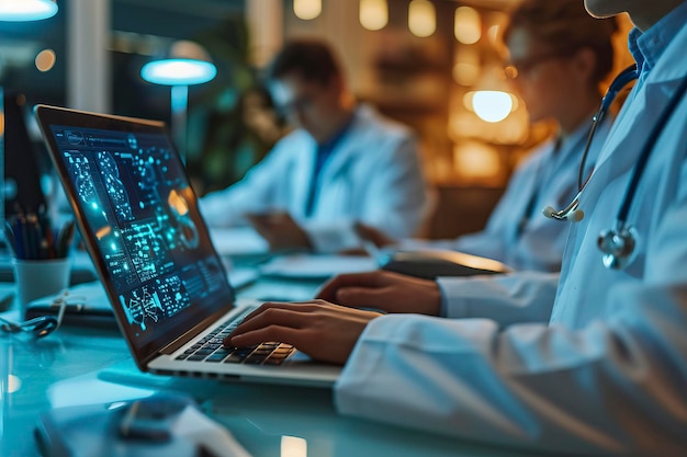 Photo réunion médicale et ordinateur portable pour l'équipe au bureau lors de la discussion, du brainstorming et de la planification