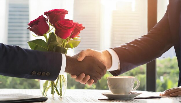 Réunion de partenariat d'affaires Image d'hommes d'affaires se serrant la main fleur dans un vase sur le dos généré par l'IA