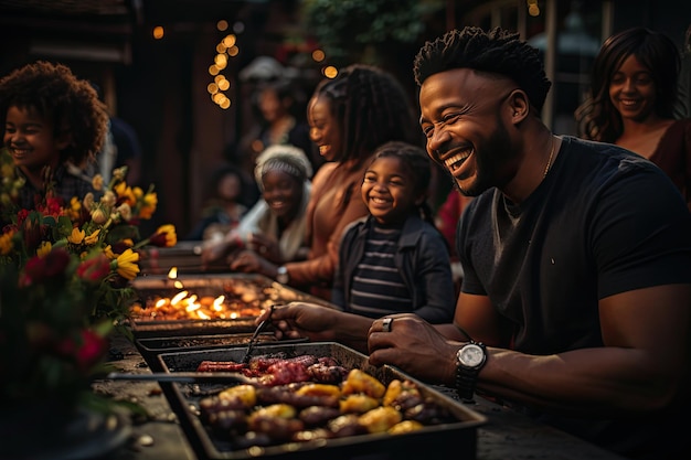 Photo réunion en plein air entre amis, barbecue et rires génératifs ia