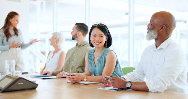 Réunion de portrait et formation avec une femme d'affaires asiatique assise dans la salle de conférence lors d'un séminaire d'équipe Sourire heureux et atelier avec une employée dans un bureau avec son groupe de collègues