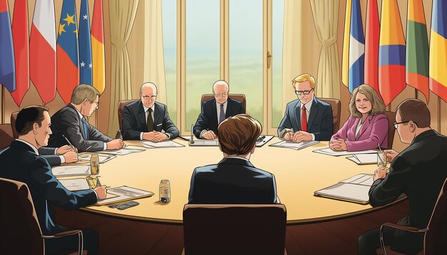 Photo réunion de sept présidents autour de la table ronde des nations unies