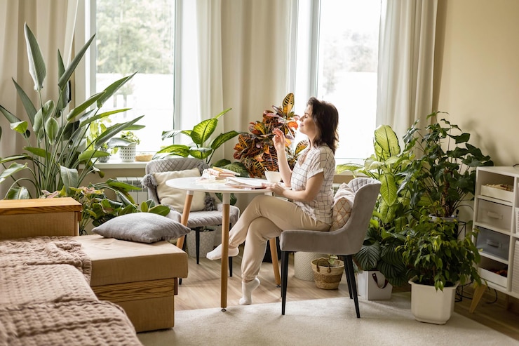 Photo rêvant d'une femme de taille plus relaxant dans une chambre confortable avec des plantes d'intérieur écrivant des notes dans un journal