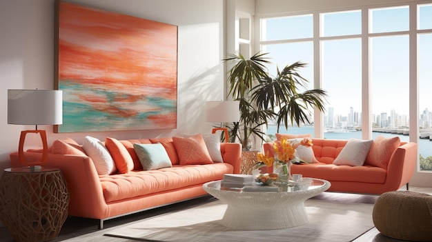 Un rêve architectural avec un canapé de corail en peluche des lignes géométriques jetant des ombres dans un décor de crépuscule pour une ambiance sereine.