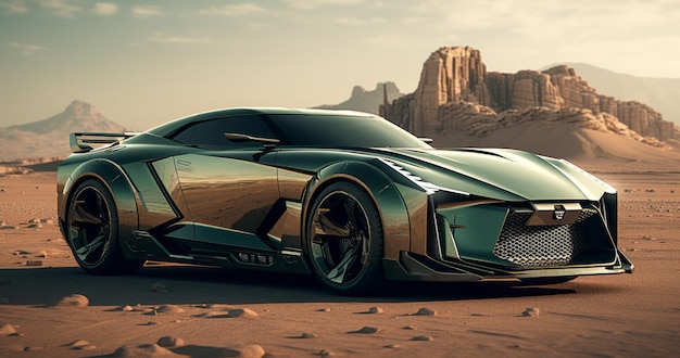 Le rêve dystopique dévoile le futuriste Nissan GTR vert foncé armé d'un pistolet Nestl monté sur le toit