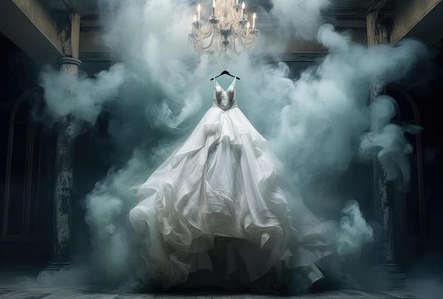 le rêve d'une robe de mariée vole d'un lustre avec de la fumée dans le style photoréaliste