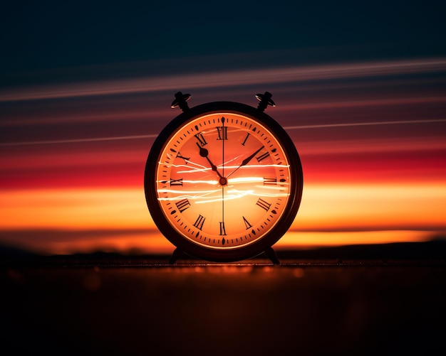 un réveil assis sur une table devant un coucher de soleil