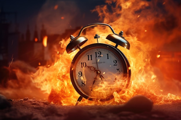 Un réveil brûlant dans un incendie Image conceptuelle du temps Un réveil brûlant Le temps est en cours de fonctionnement Concept généré par l'IA