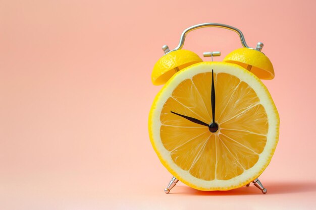 Réveil avec un citron coupé au lieu du cadran de l'horloge Heure d'été Bienvenue à l'été Concept minimal créatif Vitamines régime alimentaire fruitier et végétalien Réveil à l'agrumes