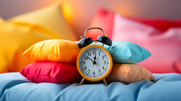 Réveil classique sur un fond d'oreillers colorés rythme de sommeil sain et idée de soins de santé