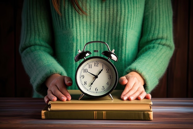 Réveil dans les mains des femmes et un livre vert sur un fond de bois