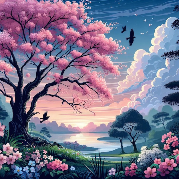 Le réveil du printemps Les arbres en fleurs et le coucher de soleil Le beau fond de la saison printanière Les arbres roses