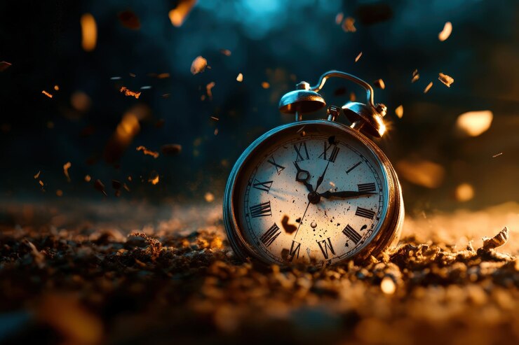 Photo un réveil entouré de particules symbolisant le passage du temps et l'urgence dans un cadre dynamique captivant parfait pour les thèmes de la productivité et de la sensibilisation