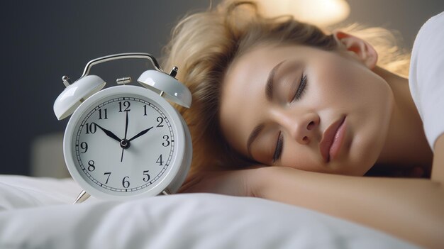 Un réveil une femme qui dort à l'arrière-plan blanc pur milieu de photographie de fond
