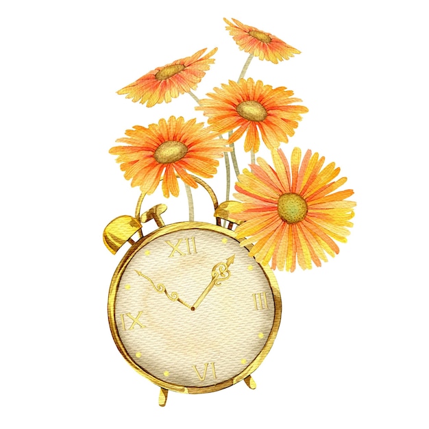 Photo réveil d'horloge vintage doré et cinq fleurs de camomille jaune montre clipart aquarelle illustration d'art dessiné à la main pour cartes textiles faits à la main imprime menus affiche